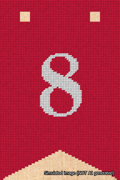 A simulated image of the stitched needlepoint design: Banner 18m Forked 8 White on Red. Not A.I. generated.