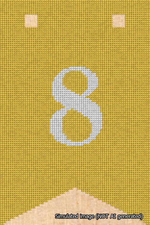 A simulated image of the stitched needlepoint design: Banner 18m Forked 8 White on Yellow. Not A.I. generated.