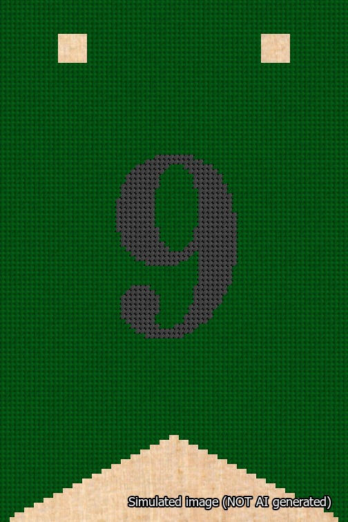 A simulated image of the stitched needlepoint design: Banner 18m Forked 9 Black on Green. Not A.I. generated.