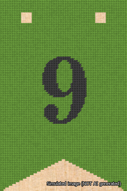 A simulated image of the stitched needlepoint design: Banner 18m Forked 9 Black on Light Green. Not A.I. generated.