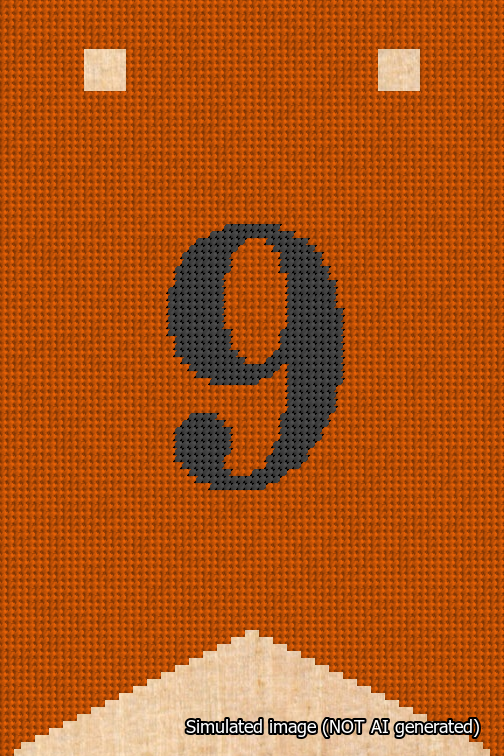 A simulated image of the stitched needlepoint design: Banner 18m Forked 9 Black on Orange. Not A.I. generated.