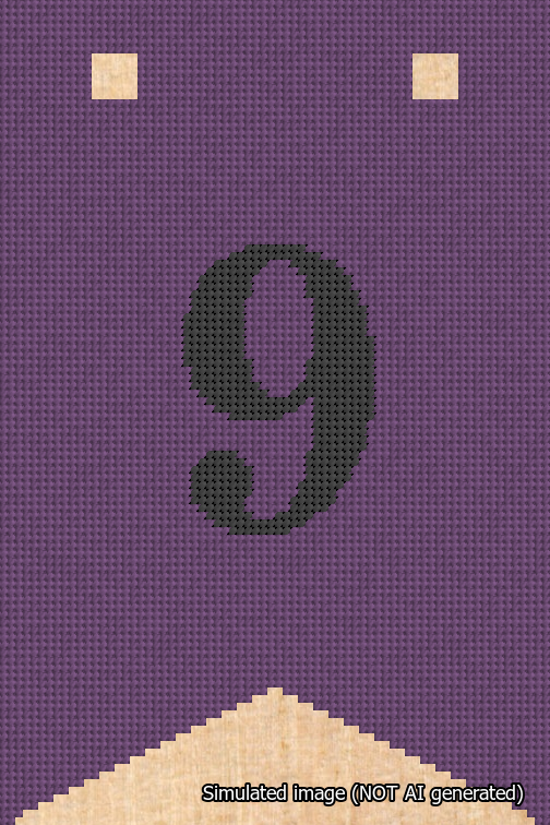A simulated image of the stitched needlepoint design: Banner 18m Forked 9 Black on Purple. Not A.I. generated.