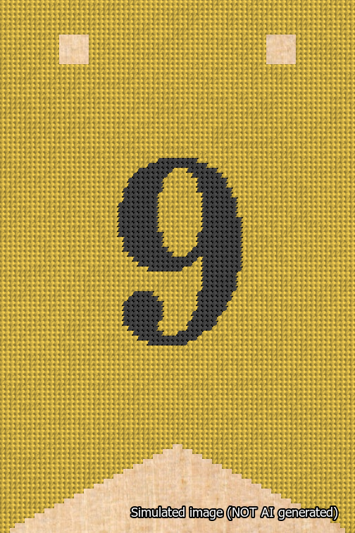 A simulated image of the stitched needlepoint design: Banner 18m Forked 9 Black on Yellow. Not A.I. generated.