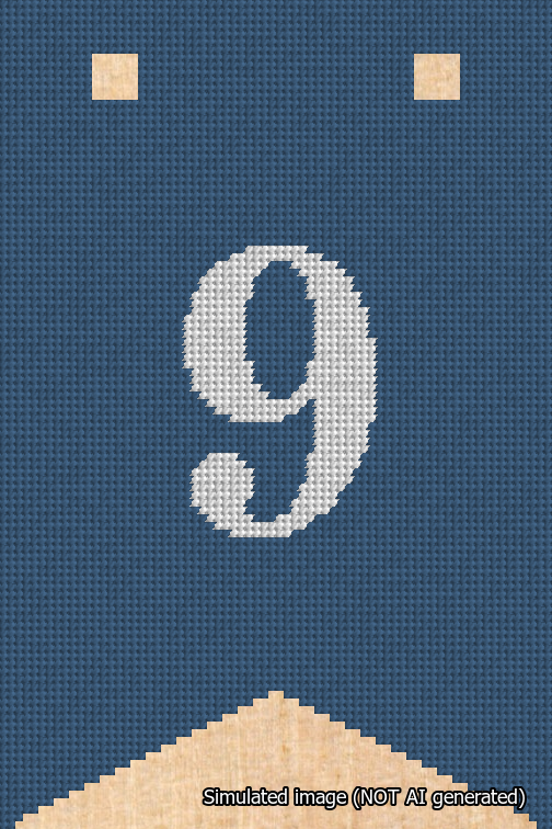 A simulated image of the stitched needlepoint design: Banner 18m Forked 9 White on Blue. Not A.I. generated.