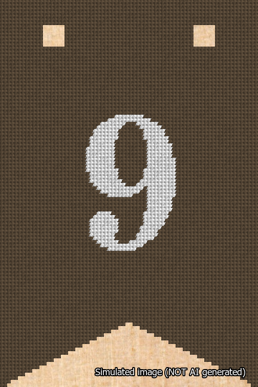 A simulated image of the stitched needlepoint design: Banner 18m Forked 9 White on Brown. Not A.I. generated.