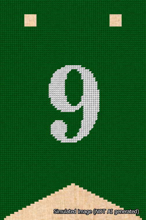 A simulated image of the stitched needlepoint design: Banner 18m Forked 9 White on Green. Not A.I. generated.
