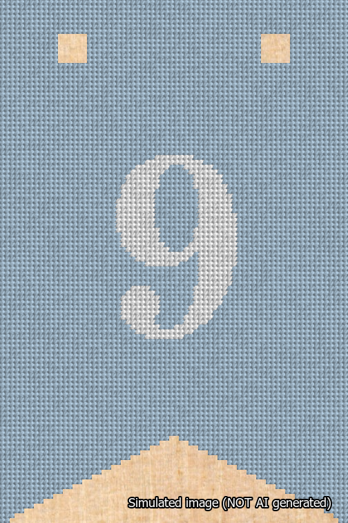 A simulated image of the stitched needlepoint design: Banner 18m Forked 9 White on Light Blue. Not A.I. generated.