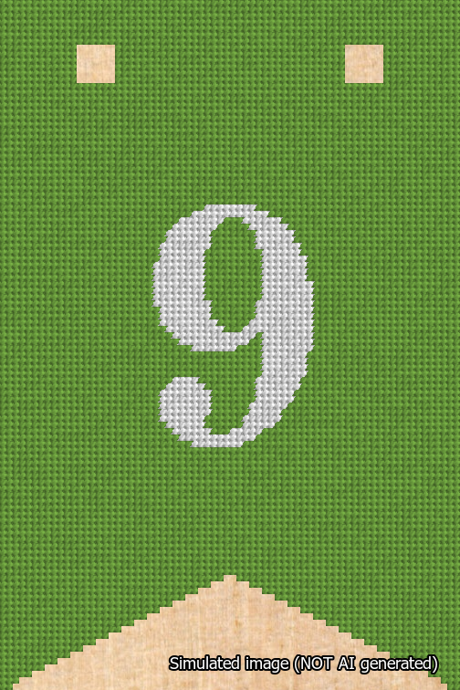 A simulated image of the stitched needlepoint design: Banner 18m Forked 9 White on Light Green. Not A.I. generated.