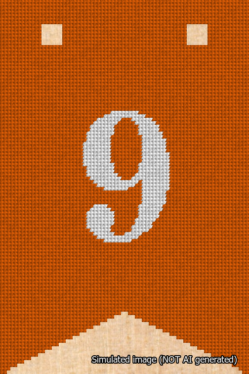 A simulated image of the stitched needlepoint design: Banner 18m Forked 9 White on Orange. Not A.I. generated.