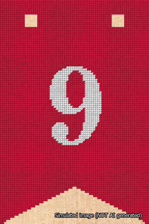 A simulated image of the stitched needlepoint design: Banner 18m Forked 9 White on Red. Not A.I. generated.