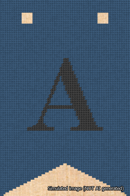 A simulated image of the stitched needlepoint design: Banner 18m Forked A Black on Blue. Not A.I. generated.