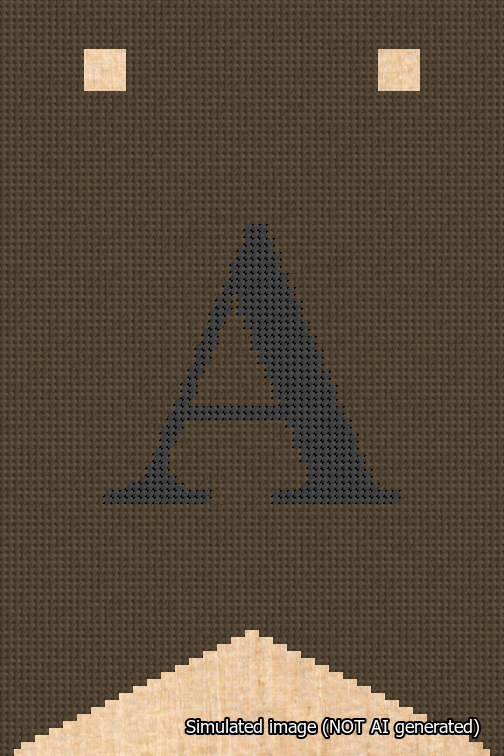 A simulated image of the stitched needlepoint design: Banner 18m Forked A Black on Brown. Not A.I. generated.