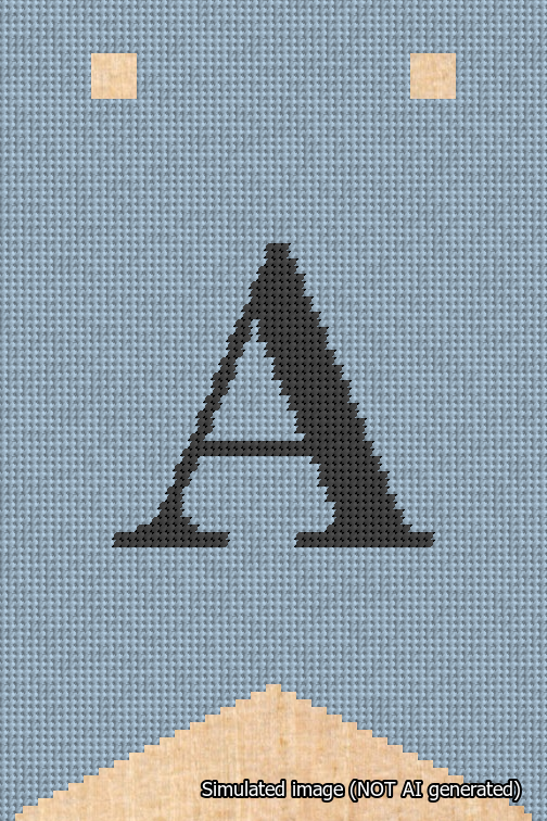 A simulated image of the stitched needlepoint design: Banner 18m Forked A Black on Light Blue. Not A.I. generated.