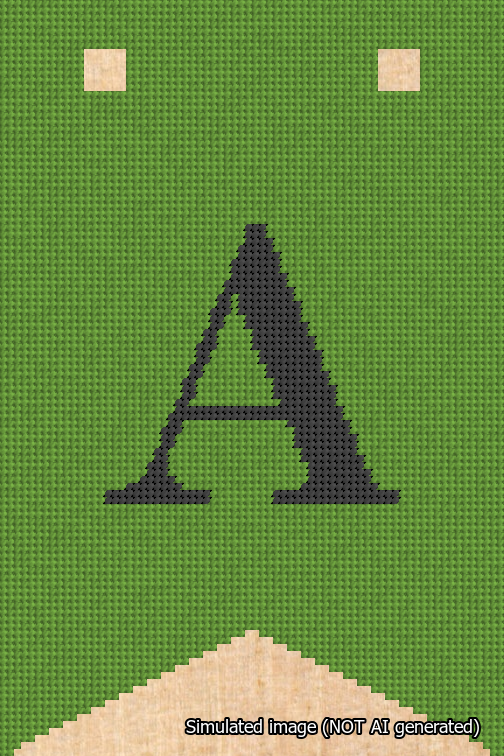 A simulated image of the stitched needlepoint design: Banner 18m Forked A Black on Light Green. Not A.I. generated.