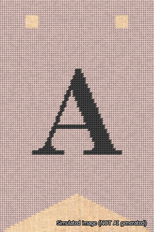 A simulated image of the stitched needlepoint design: Banner 18m Forked A Black on Pink. Not A.I. generated.