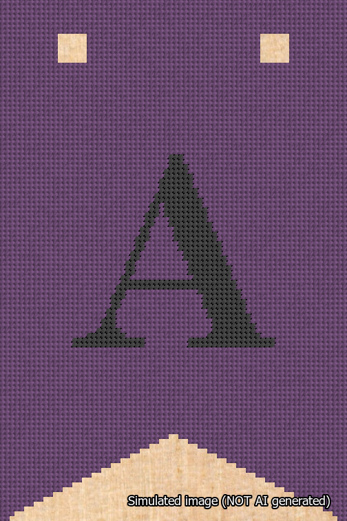 A simulated image of the stitched needlepoint design: Banner 18m Forked A Black on Purple. Not A.I. generated.