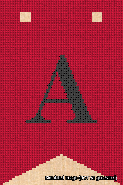 A simulated image of the stitched needlepoint design: Banner 18m Forked A Black on Red. Not A.I. generated.