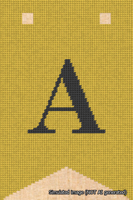 A simulated image of the stitched needlepoint design: Banner 18m Forked A Black on Yellow. Not A.I. generated.