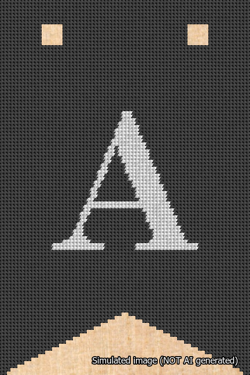 A simulated image of the stitched needlepoint design: Banner 18m Forked A White on Black. Not A.I. generated.