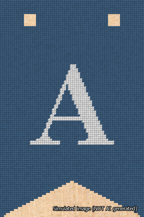 A simulated image of the stitched needlepoint design: Banner 18m Forked A White on Blue. Not A.I. generated.