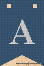 A simulated image of the stitched needlepoint design: Banner 18m Forked A White on Blue. Not A.I. generated.