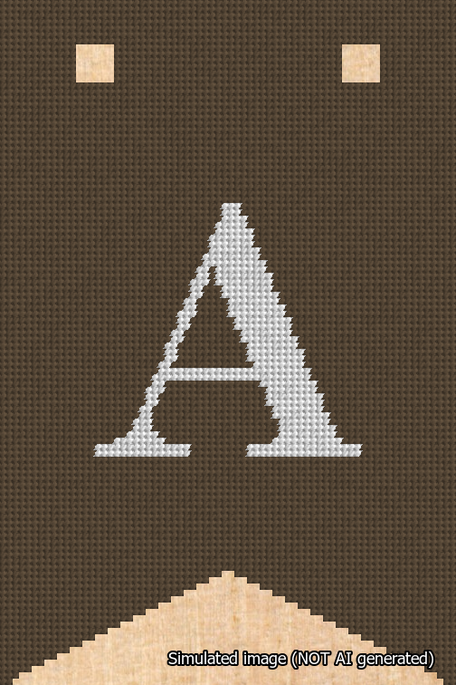 A simulated image of the stitched needlepoint design: Banner 18m Forked A White on Brown. Not A.I. generated.