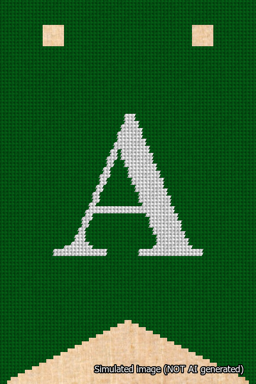 A simulated image of the stitched needlepoint design: Banner 18m Forked A White on Green. Not A.I. generated.