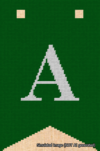 A simulated image of the stitched needlepoint design: Banner 18m Forked A White on Green. Not A.I. generated.