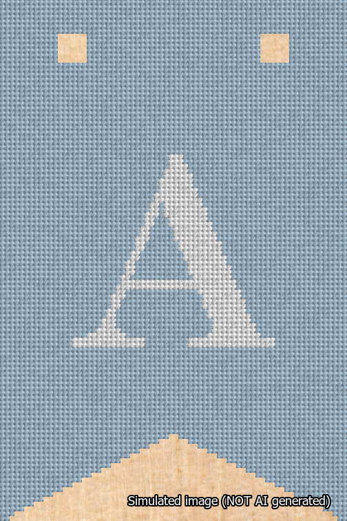A simulated image of the stitched needlepoint design: Banner 18m Forked A White on Light Blue. Not A.I. generated.