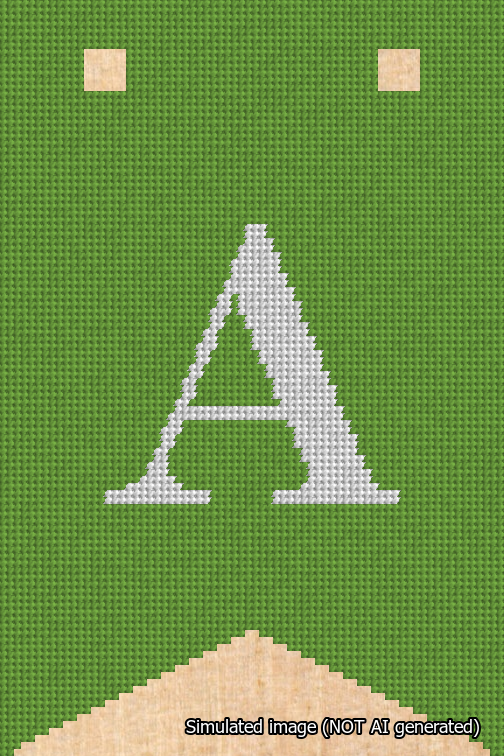 A simulated image of the stitched needlepoint design: Banner 18m Forked A White on Light Green. Not A.I. generated.