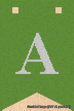 A simulated image of the stitched needlepoint design: Banner 18m Forked A White on Light Green. Not A.I. generated.