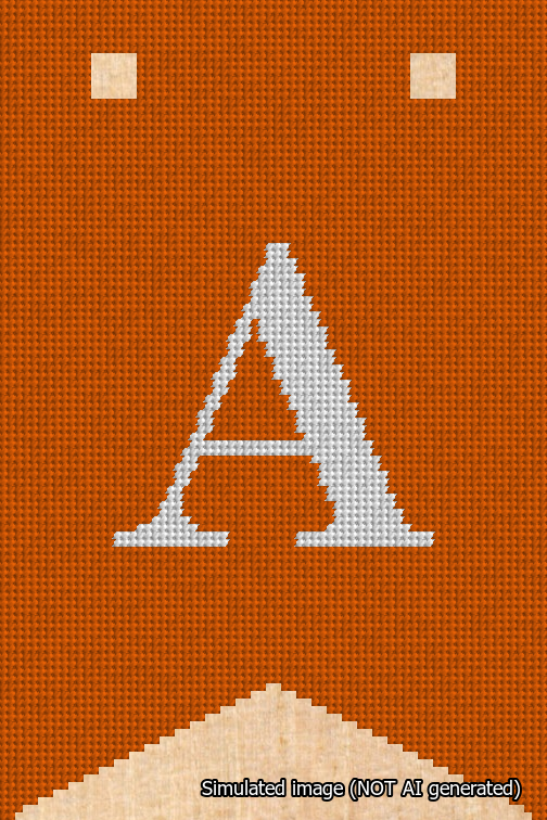 A simulated image of the stitched needlepoint design: Banner 18m Forked A White on Orange. Not A.I. generated.