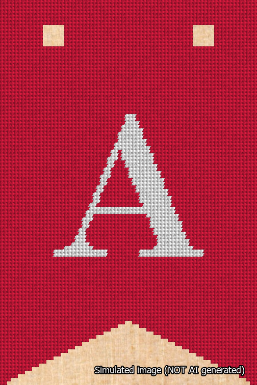 A simulated image of the stitched needlepoint design: Banner 18m Forked A White on Red. Not A.I. generated.