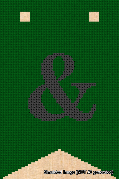 A simulated image of the stitched needlepoint design: Banner 18m Forked Ampersand Black on Green. Not A.I. generated.