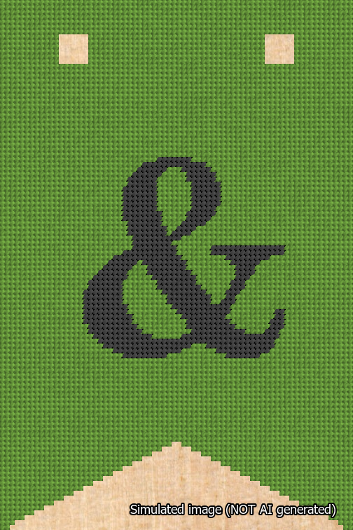 A simulated image of the stitched needlepoint design: Banner 18m Forked Ampersand Black on Light Green. Not A.I. generated.