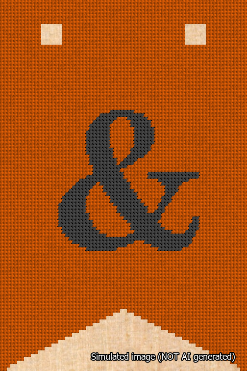 A simulated image of the stitched needlepoint design: Banner 18m Forked Ampersand Black on Orange. Not A.I. generated.