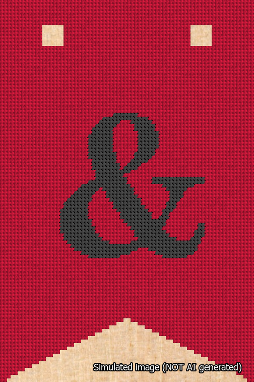 A simulated image of the stitched needlepoint design: Banner 18m Forked Ampersand Black on Red. Not A.I. generated.