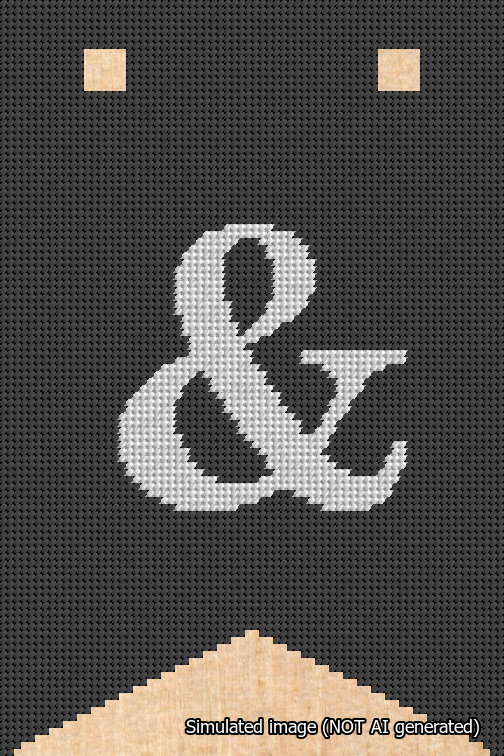 A simulated image of the stitched needlepoint design: Banner 18m Forked Ampersand White on Black. Not A.I. generated.