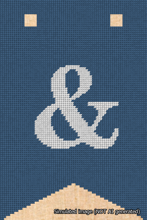 A simulated image of the stitched needlepoint design: Banner 18m Forked Ampersand White on Blue. Not A.I. generated.