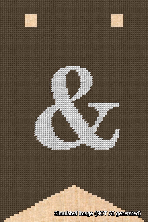 A simulated image of the stitched needlepoint design: Banner 18m Forked Ampersand White on Brown. Not A.I. generated.