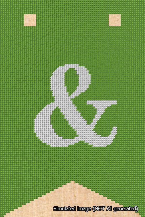 A simulated image of the stitched needlepoint design: Banner 18m Forked Ampersand White on Light Green. Not A.I. generated.