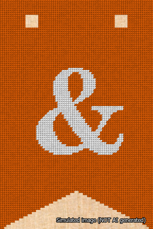 A simulated image of the stitched needlepoint design: Banner 18m Forked Ampersand White on Orange. Not A.I. generated.