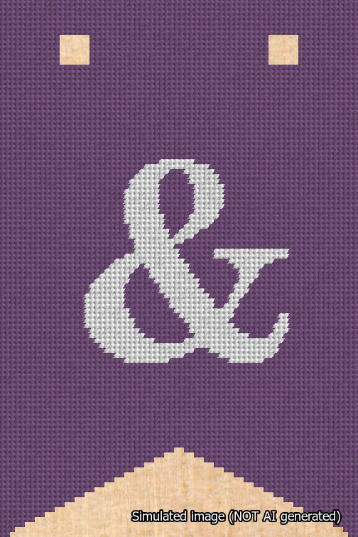 A simulated image of the stitched needlepoint design: Banner 18m Forked Ampersand White on Purple. Not A.I. generated.
