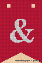 A simulated image of the stitched needlepoint design: Banner 18m Forked Ampersand White on Red. Not A.I. generated.