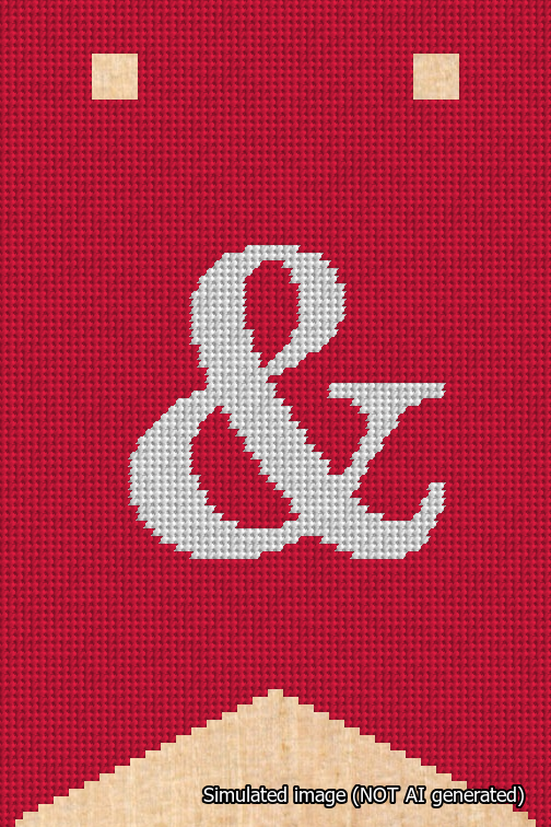 A simulated image of the stitched needlepoint design: Banner 18m Forked Ampersand White on Red. Not A.I. generated.