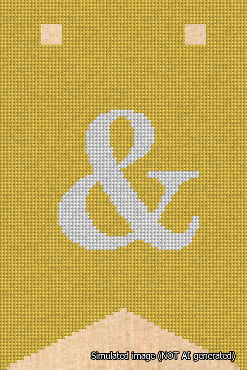 A simulated image of the stitched needlepoint design: Banner 18m Forked Ampersand White on Yellow. Not A.I. generated.