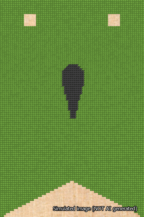 A simulated image of the stitched needlepoint design: Banner 18m Forked Apostrophe Black on Light Green. Not A.I. generated.