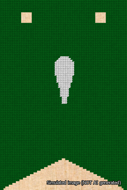 A simulated image of the stitched needlepoint design: Banner 18m Forked Apostrophe White on Green. Not A.I. generated.
