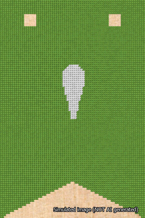 A simulated image of the stitched needlepoint design: Banner 18m Forked Apostrophe White on Light Green. Not A.I. generated.