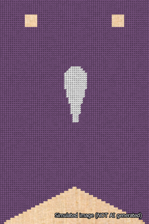 A simulated image of the stitched needlepoint design: Banner 18m Forked Apostrophe White on Purple. Not A.I. generated.